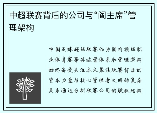 中超联赛背后的公司与“阎主席”管理架构