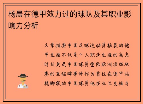 杨晨在德甲效力过的球队及其职业影响力分析