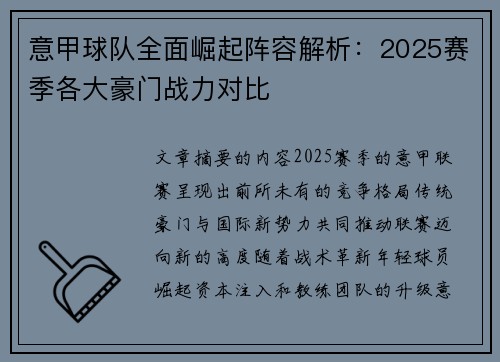 意甲球队全面崛起阵容解析：2025赛季各大豪门战力对比