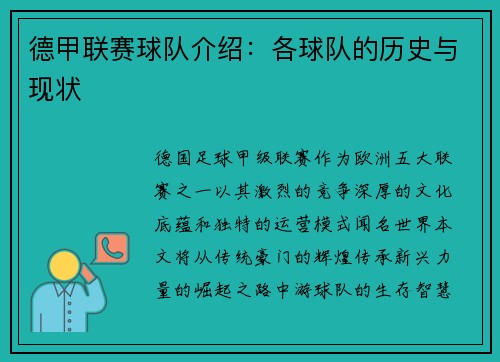 德甲联赛球队介绍：各球队的历史与现状